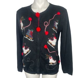 Vintage Terazzo Christmas Zip Cardigan Sweater M Skates Black Red Plaid Beads